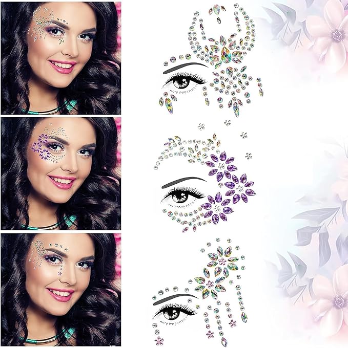 6PCS Gems Glitters for Festivals, Self Adhesive Glitters Acrylic Face Stickers Face Crystal Jewels Rhinestone Stickers for Music Festival Party Birthday Carnival