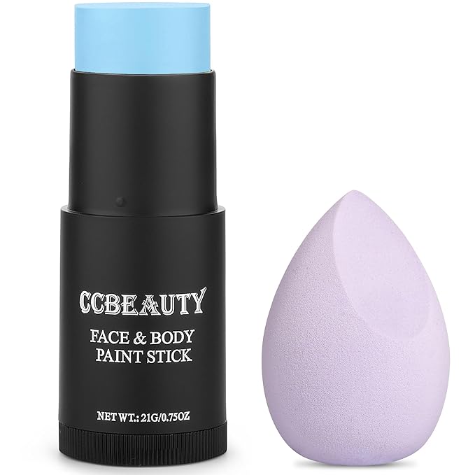 CCbeauty Light Blue Face Paint Stick,Face Painting Kit,Non Toxic SFX Makeup For Avatar Corpse Bride Halloween Costume Cosplay,Professional FX Body Paint,Full Coverage Foundation With Makeup Sponge