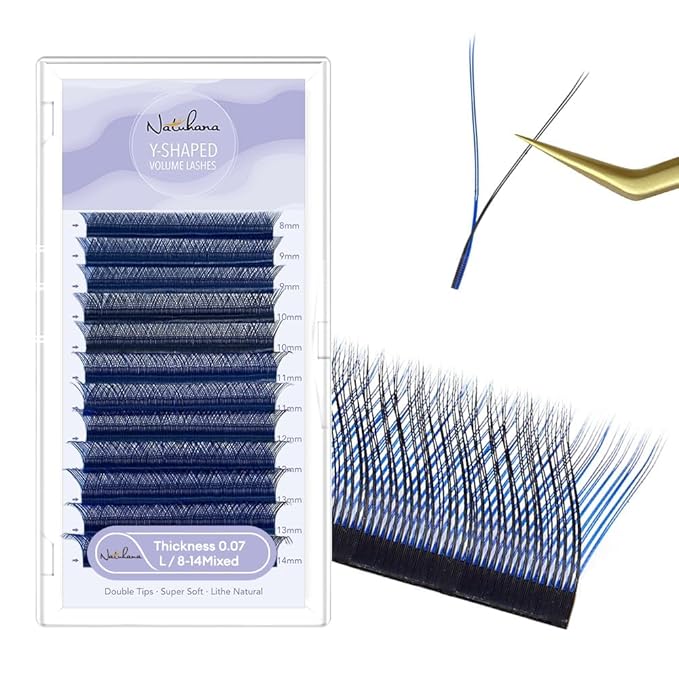 YY Eyelash Extension 0.07mm L Curl 8-14mm Mixed Tray Lash Supplies Premade Fan Y Shape Volume Lash 12 Rows Premium Faux Mink Lash Extensions (8-14 MIX, Black+Blue; 0.07 L)