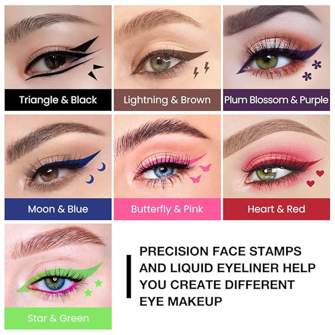 evpct 7Pcs Colored liquid Eye Liners Face Stamp Cosplay Gothic Makeup Set Kit for Beginners, Black Brown Purple Blue Red Pink Green Star Flowers Heart Moon Triangle Lightning Butterfly Stamps Eyeliner