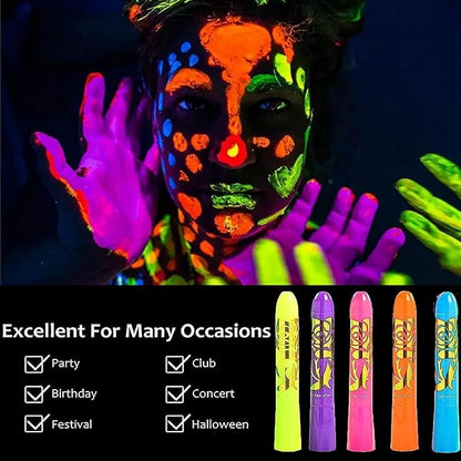 UV Neon Face & Body Paint Stick -10 Glow-in-the-Dark Colors for Halloween, Parties, Raves-Safe Non-Toxic UV Reactive Makeup for Skin, Cosplay & Festivals