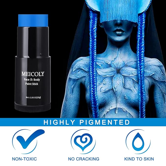 MEICOLY Blue Face Paint Stick (1.06 Oz), Scary Clown Makeup, Blue Eye Black Baseball, Body Paint Stick for Halloween, Smurf Mystique Cosplay, Avatar SFX Makeup