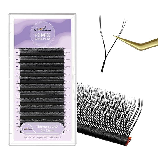 YY Eyelash Extension 0.07mm C Curl 13mm Tray Lash Supplies Premade Fans Y Shape Volume Lash 12 Rows Premium Faux Mink Lashes Extensions (13mm, Black; 0.07C)