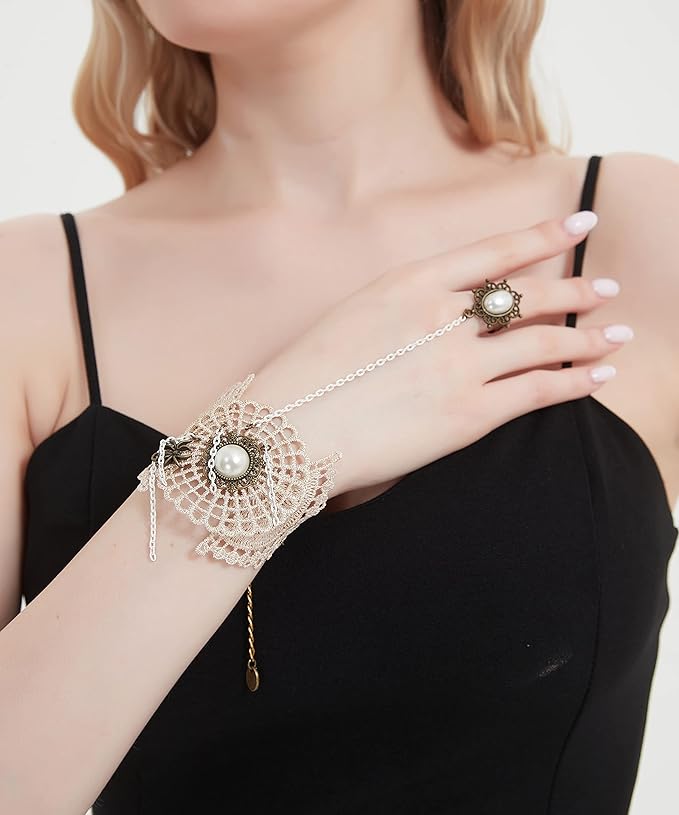 Gothic Pearl Lace Steampunk Wristband Vintage Pearl Pendant Tassel Lace Hand Chain with Finger Ring Lolita Lace Hand Accessories for Women and Girls (Style 1)