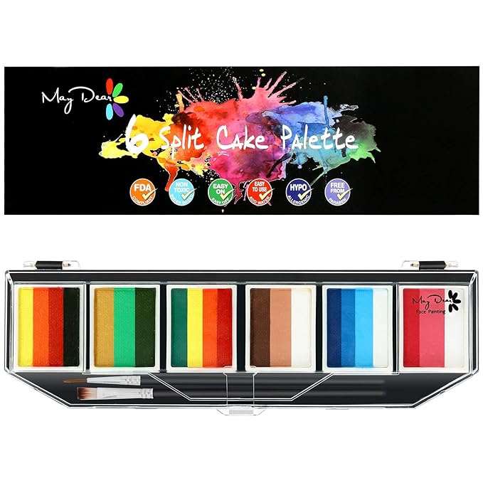 Maydear Face Painting Kit for Kids & Adults with 6 Colors Split Cake Palette, 2 Brushes, Safe & Non-Toxic Water Based Makeup Face Paint Kit