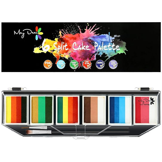 Maydear Face Painting Kit for Kids & Adults with 6 Colors Split Cake Palette, 2 Brushes, Safe & Non-Toxic Water Based Makeup Face Paint Kit