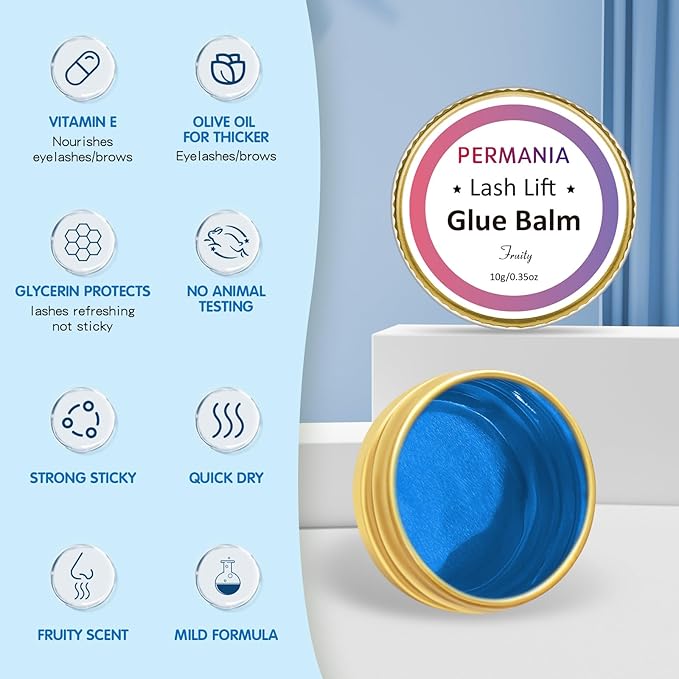 PERMANIA Lash Lift Glue, Eyelash Lifting Adhesives Strong Hold and Perfectly Shaped Eyebrows for Brow Lamination Kit, Lash Lift Balm Bright Colors & Fruity Flavours Fast Drying & Waterproof (Blue)