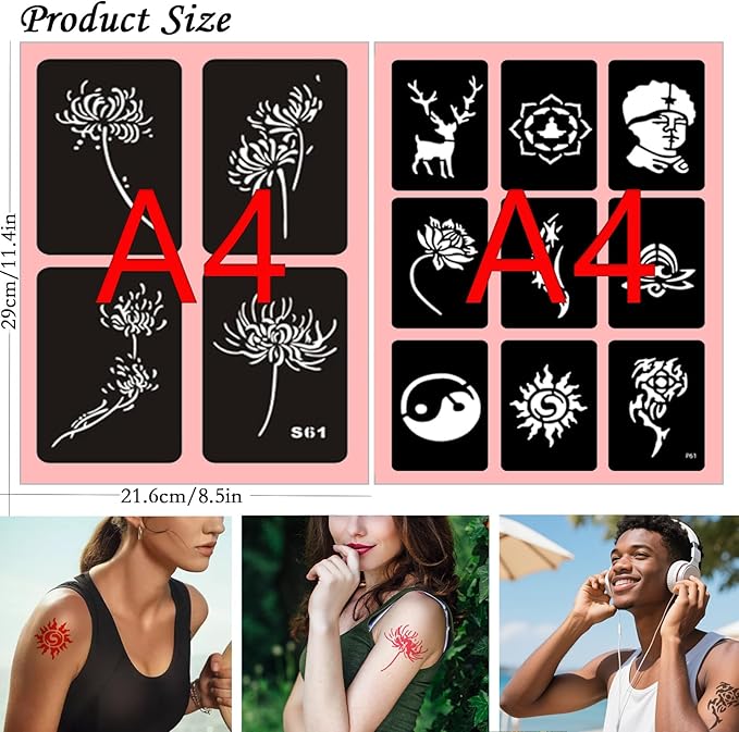Temporary Tattoo Stencils, 20 Sheets Henna Tattoo Stencil Kit for Women Girls Kids and Boys Face Body Paint DIY Art Reusable Glitter Tattoo Stencils Pack Scorpion Monkey