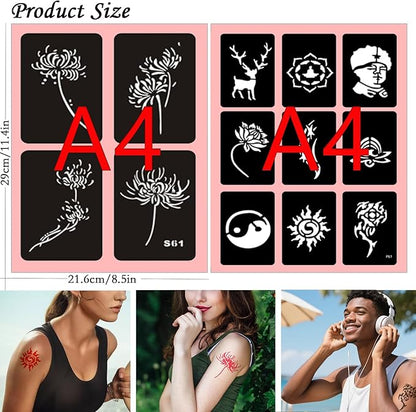 Temporary Tattoo Stencils, 20 Sheets Henna Tattoo Stencil Kit for Women Girls Kids and Boys Face Body Paint DIY Art Reusable Glitter Tattoo Stencils Pack Scorpion Monkey