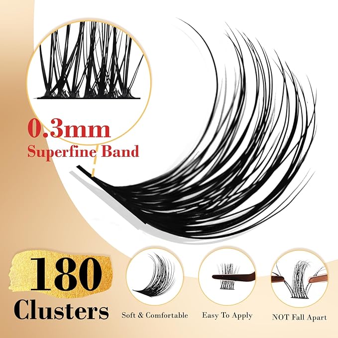 Lash Extensions Kit with 180 PCS Individual Lash Clusters, Eyelash Tweezers for Lash Extensions, Lash Bond and Seal Waterproof, Clusters Lash Glue Remover Easy to Apply at Home