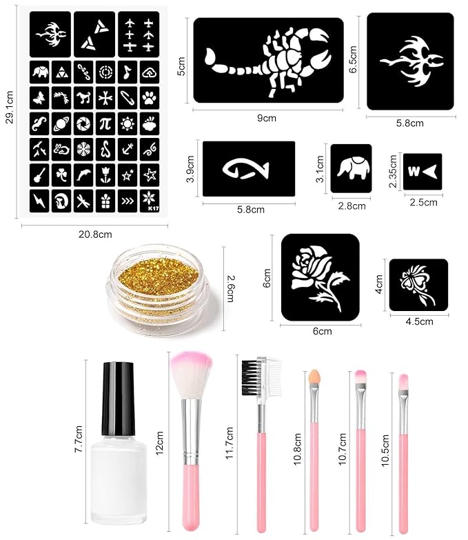 Temporary Glitter Tattoo Kit for Kids makeup,30 Body Glitter,3 Glitter Glue,5 Sheets Tattoos Stencil,5 Pcs Makeup Brush,6 Fluorescent Powder,Rhinestone Stickers,Holiday,Party,Nail Art