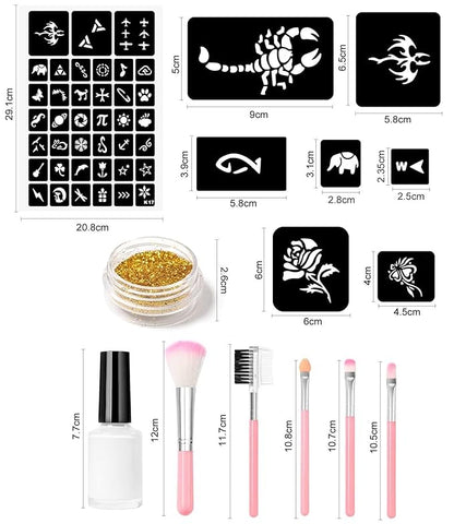 Temporary Glitter Tattoo Kit for Kids makeup,30 Body Glitter,3 Glitter Glue,5 Sheets Tattoos Stencil,5 Pcs Makeup Brush,6 Fluorescent Powder,Rhinestone Stickers,Holiday,Party,Nail Art