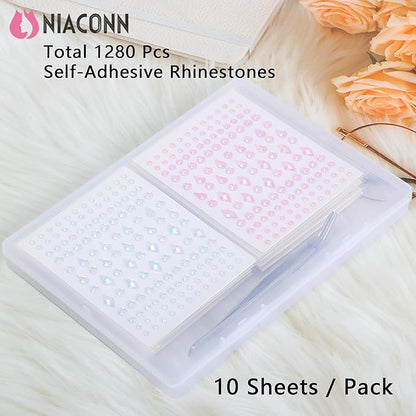 NIACONN 1280 Pcs Multi-Color Hair Jewels Face Gems Stick on, Self Adhesive Glitter Rhinestones Stickers for Women Girls Festival Halloween Makeup & Crafts (Teardrop & Rhombus)