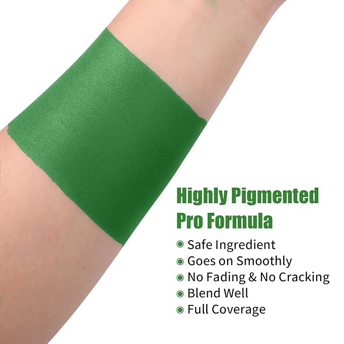 Witch Green Face Body Paint Stick, St. Patrick's Day Face Paint Makeup Accessories, Full-Coverage Hypoallergenic Camo Hulk Hunting FacePaint, Halloween SFX Cosplay Costume Party Green Makeup