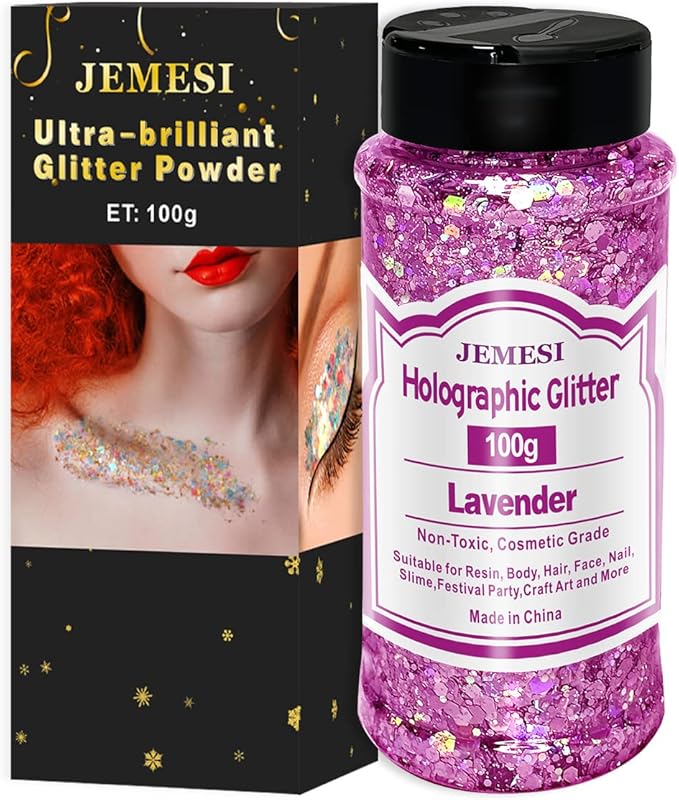 Holographic Chunky Glitter, 100g Lavender Cosmetic Craft Glitter for Epoxy Resin, Nail Sequins Iridescent Flakes, Body, Face, Hair, Nail, Glitter Slime Making