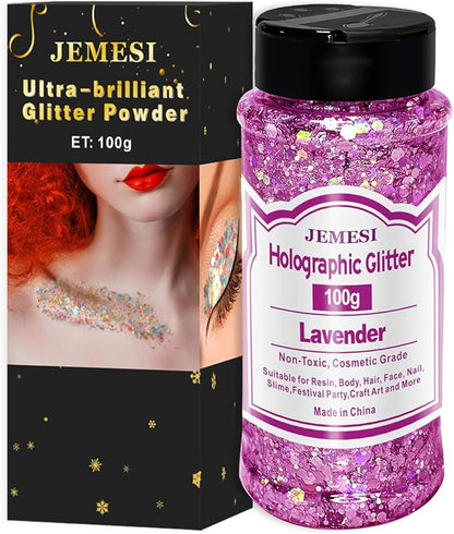 Holographic Chunky Glitter, 100g Lavender Cosmetic Craft Glitter for Epoxy Resin, Nail Sequins Iridescent Flakes, Body, Face, Hair, Nail, Glitter Slime Making