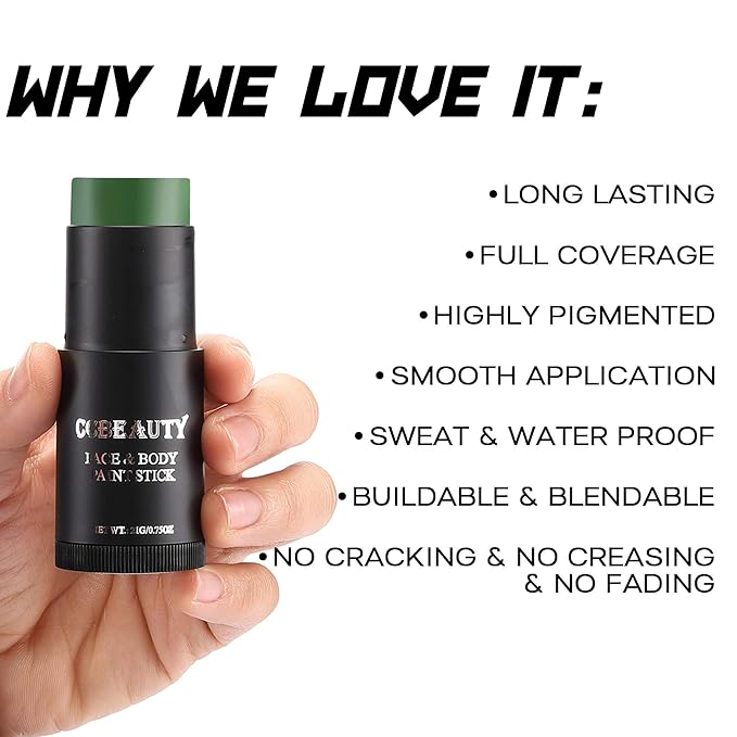 CCbeauty Witch Green Face Paint Stick, Face Painting Kit, Non Toxic SFX Makeup For Grinch Monster Halloween Costume Cosplay,Professional Body Paint,Full Coverage Painting Foundation With Makeup Sponge