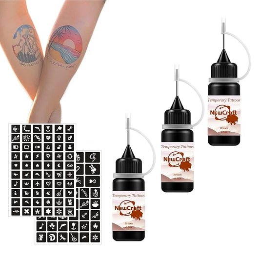 Temporary Tattoo Kit, Makeup Inks, Freckles Gel for Art Markers, 102 Patterns Fake Tattoos stencils DIY for Men Women - 3 Bottles (Brown)