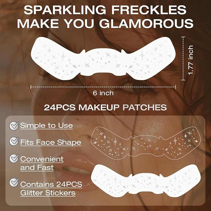 24 Pcs Glitter Freckles Face Tattoo,Silver Face Glitter Makeup Patches Cute Sparkle Freckles Patches Waterproof Makeup Speckles for Face Accessories for Women Girls