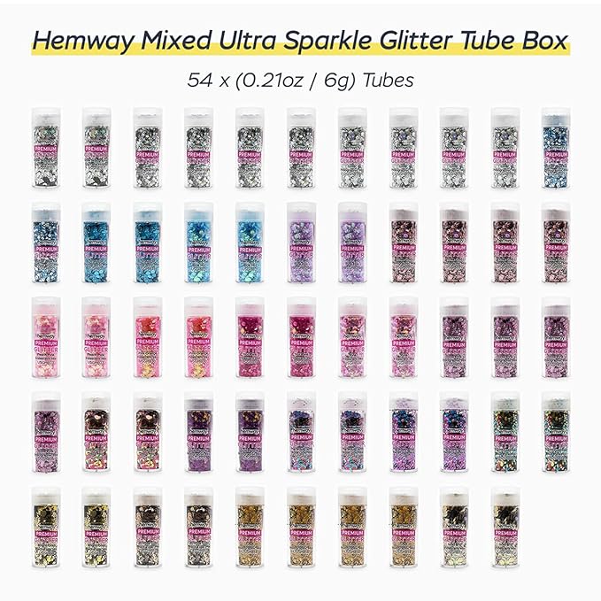 Hemway Mixed Glitter Tube Ultra Sparkle Box (Pack of 54) | Metallic Flakes Shaker Set for Resin & Epoxy Crafts | Assorted Colour Craft Supplies for Festival, Hair, Face, Body, Eye & Nail Art