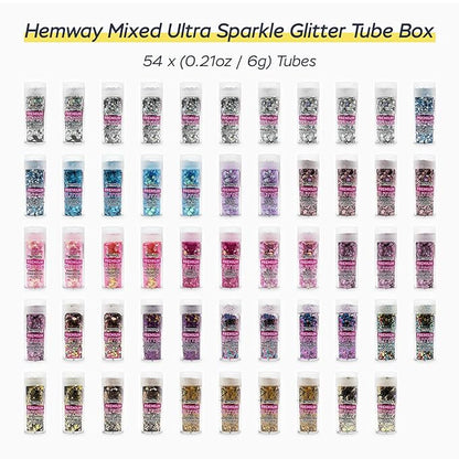Hemway Mixed Glitter Tube Ultra Sparkle Box (Pack of 54) | Metallic Flakes Shaker Set for Resin & Epoxy Crafts | Assorted Colour Craft Supplies for Festival, Hair, Face, Body, Eye & Nail Art