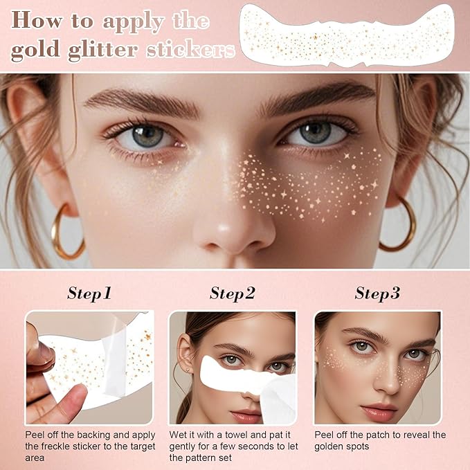 6 Pcs Glitter Freckles Face Tattoo,Waterproof Makeup Patches - Rose Gold,Glitter Speckles Patches,Glow Up Makeup Patches,Cosmetic Glitter for Face - Cute Glitter Makeup Accessories for Women