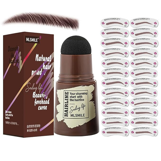 Eyebrow Stamp Stencil Kit,One Step Brow Stamp Shaping Kit, 3 in 1 Hairline Shadow Powder with 24 Reusable Eyebrow Stencils Hair Root Dark Brown