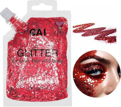 Hair Glitter Gel Body Glitter & Face Glitter for Women/Kids(2 Pk Red/Red) Chunky Iridescent Holograph Stars & Moon Cosmetic Grade Makeup Apply Without Glue Easy to Take Off & Keep Skin Clean