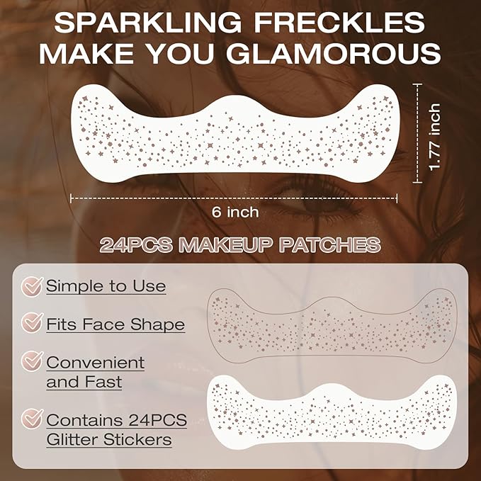 24 Pcs Glitter Freckles Face Tattoo,Brown Face Glitter Makeup Patches Cute Sparkle Freckles Patches Waterproof Makeup Speckles for Face Accessories for Women Girls