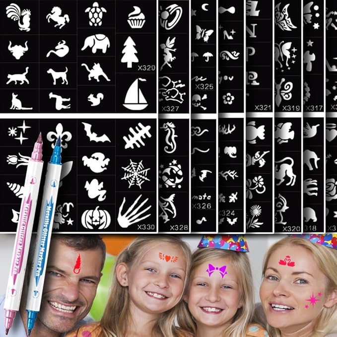 XMASIR 16 Sheets Temporary Tattoos Stencil for Kids, 694P Glitter Tattoo Template + 2P Markers for Girls and Boys Reusable Face Body Paint Stencils Halloween Christmas Birthdays Party Favor (Black)
