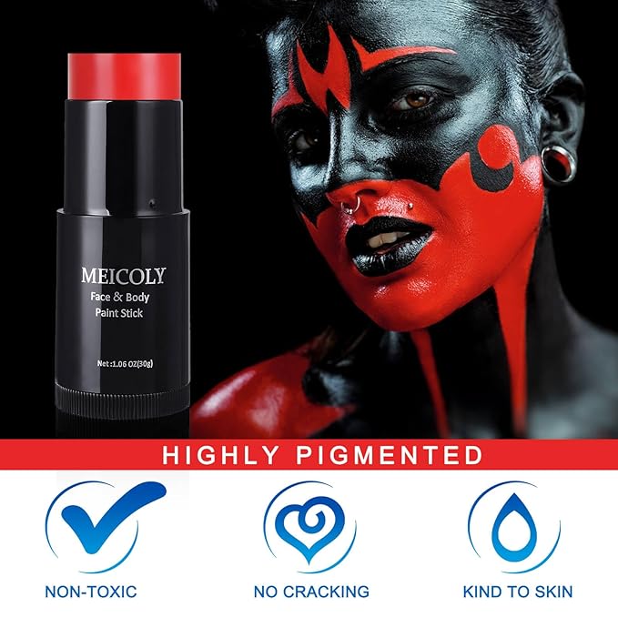 MEICOLY Devil Red Face Paint Stick (1.06 Oz),Sweatproof Waterproof Face Piant for Clown Joker Demon Vampire Spiderman Halloween Makeup,Cream Blendable Full Body Paint Stick,Eye Black for Sports