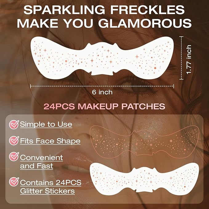 24 Pcs Glitter Freckles Face Tattoo,Rose Gold Face Glitter Makeup Patches Cute Sparkle Freckles Patches Waterproof Makeup Speckles for Face Accessories for Women Girls