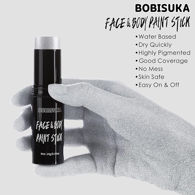 BOBISUKA Silver Face Body Paint Water Based Full Body Paint Sticks Blendable Face Painting Kit Metallic Sliver eye black stick Quick Drying Foundation Makeup for Halloween Cosplay SFX Costume Party