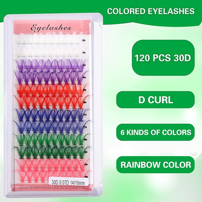 cobee Colored Lash Cluster Extensions, 120Pcs 14mm 16mm D Curl Individual Eyelash Clusters Mixed 6 Rainbow Colors Clusters Lashes for DIY Salon Home