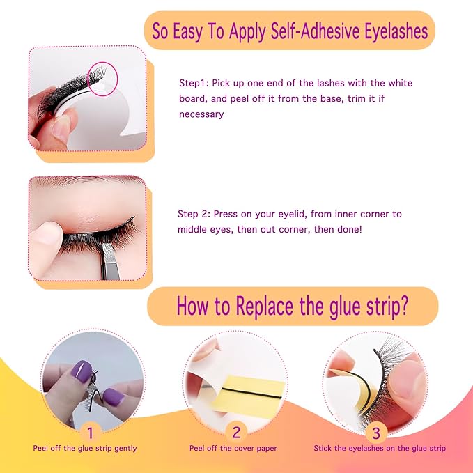 DAODER Self Adhesive Eyelashes NO Glue Need Mink Lashes Fluffy False Eyelashes Natural Look Cat Eye Lashes Reusable with 40 Extra Glue Strips 3 Pairs 16mm (Cat Eye GX01)