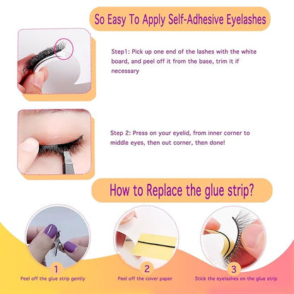 DAODER Self Adhesive Eyelashes NO Glue Need Mink Lashes Fluffy False Eyelashes Natural Look Cat Eye Lashes Reusable with 40 Extra Glue Strips 3 Pairs 16mm (Cat Eye GX01)