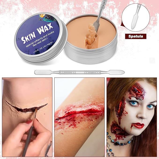 Halloween SFX Makeup Kit, Halloween Special Effects Wound Modeling, Scar Wax with Spatula, Fake Blood, Coagulated Blood Gel, Spirit Gum, Extension Oil, Stipple Sponge for Halloween Cosplay Makeup
