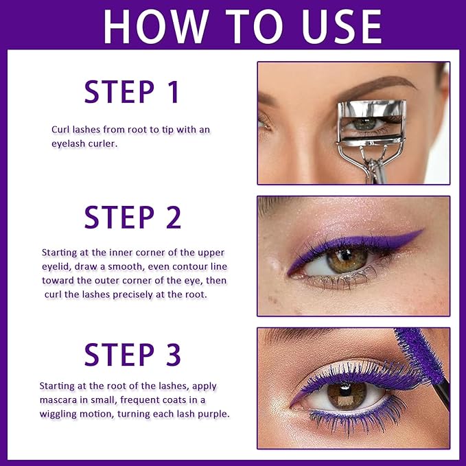 Purple Volumizing Mascara&Eyeliner Set,5D Length Colored Mascara,Long-Lasting&Smudge-Proof No Clumping,Longwear Fiber Waterproof Mascara for Women Eye Makeup