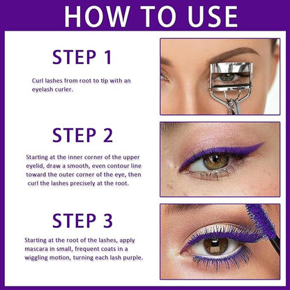 Purple Volumizing Mascara&Eyeliner Set,5D Length Colored Mascara,Long-Lasting&Smudge-Proof No Clumping,Longwear Fiber Waterproof Mascara for Women Eye Makeup