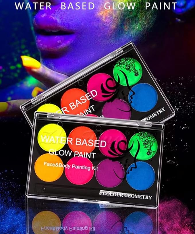 UV Face Paint Kit, Glow In The Dark Paint, Neon Fluorescent Body Painting 8 Colors Professional Brush,Water Based Black Lights Makeup for Kids Adults,Halloween Party Supplies,Projects Costumes Theater