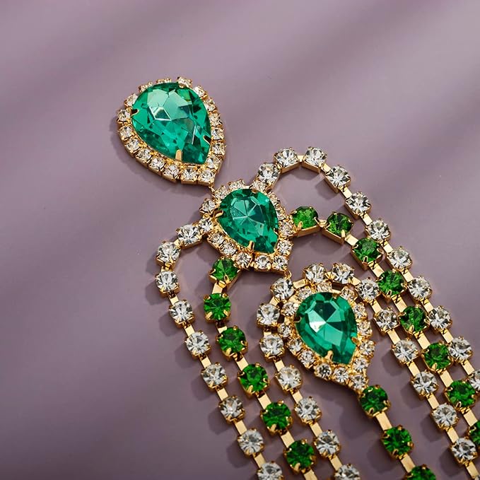 Xerling Green Crystal Pendant Head Chain Boho Layered Rhinestones Forehead Headpiece Tassel Head Jewelry for Women Wedding Hair Clip Accessories for Brides (Green-Gold)