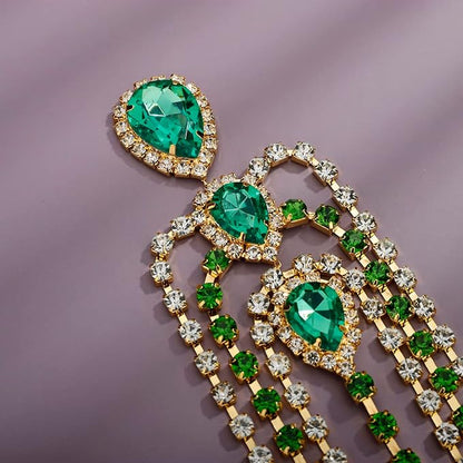 Xerling Green Crystal Pendant Head Chain Boho Layered Rhinestones Forehead Headpiece Tassel Head Jewelry for Women Wedding Hair Clip Accessories for Brides (Green-Gold)