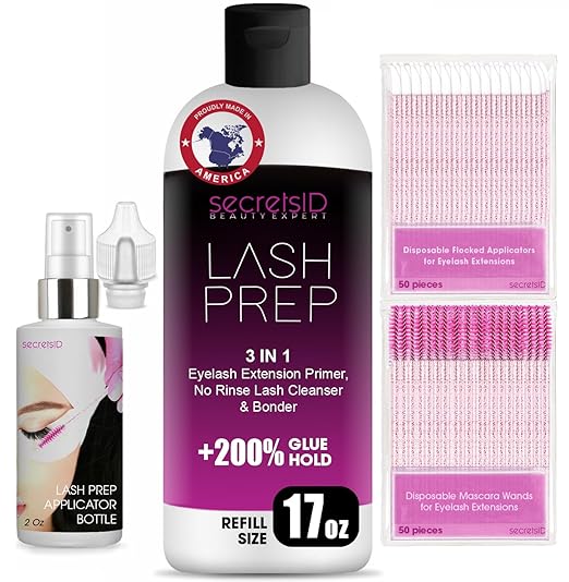3 in 1 Eyelash Extension Primer Bulk 16 Oz - No Rinse Lash Cleanser and Bonder - Made in America Kit with 100 Wands for Lash Technicians and Brow Stylists for Optimal Retention - Fragrance Free