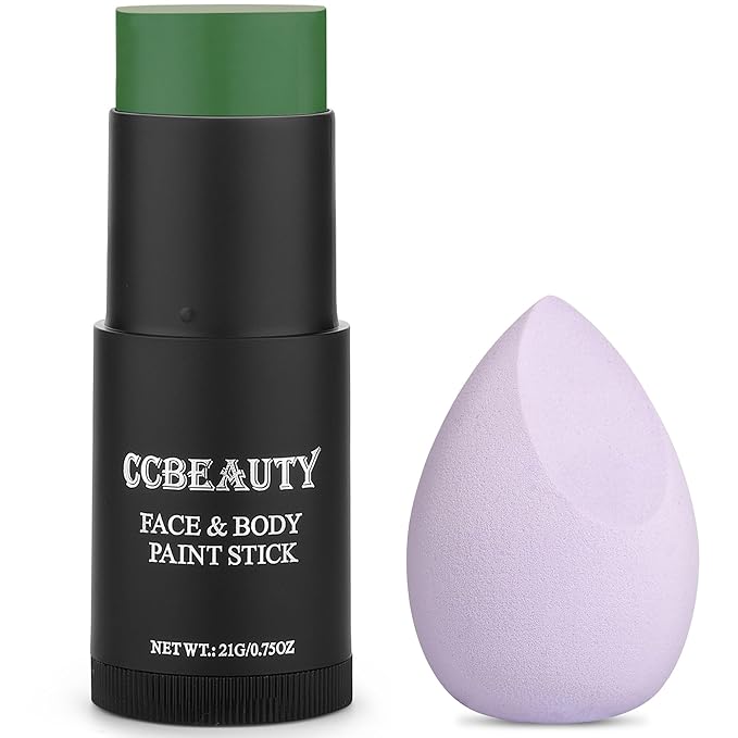 CCbeauty Witch Green Face Paint Stick, Face Painting Kit, Non Toxic SFX Makeup For Grinch Monster Halloween Costume Cosplay,Professional Body Paint,Full Coverage Painting Foundation With Makeup Sponge