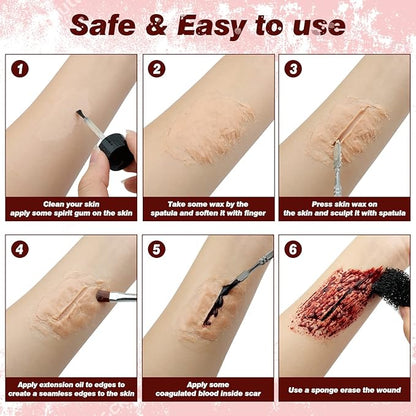 Halloween SFX Makeup Kit, Halloween Special Effects Wound Modeling, Scar Wax with Spatula, Fake Blood, Coagulated Blood Gel, Spirit Gum, Extension Oil, Stipple Sponge for Halloween Cosplay Makeup