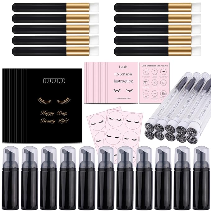 52PCS Lash Shampoo Bottles and Brushes Set, 10pcs Foam Pump Dispenser, 10pcs Nose Pore Deep Cleaning Brush, 10pcs eyelash extension tube brush, 10pcs Extension Aftercare Instructions Cards, 2pcs
