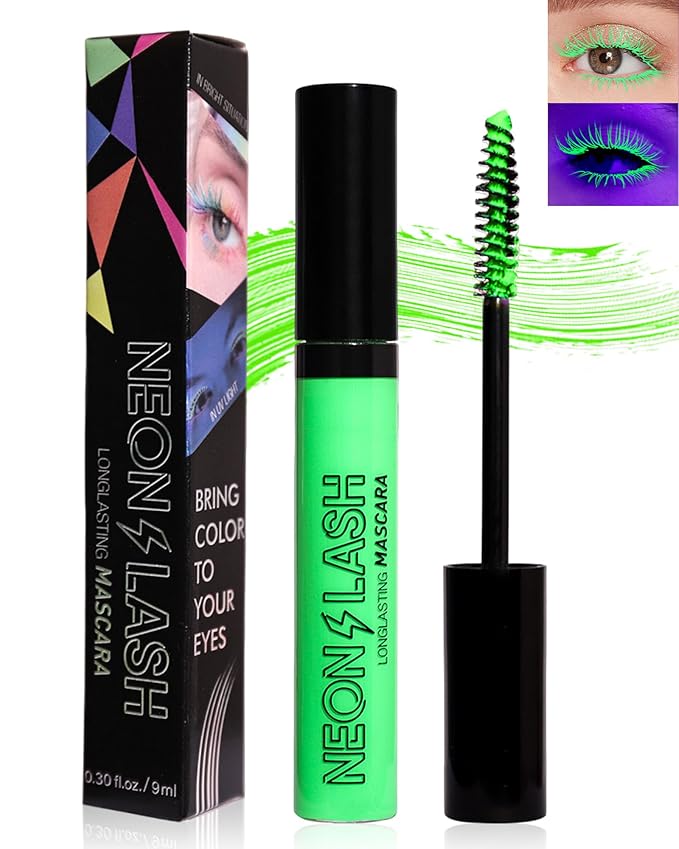 UV Glow Colored Mascara Volume and Length-1 Pcs Green Waterproof Mascara for Eyelashes, Fast Dry Curling Non Clumping Mascara,Long Lasting for St Patrick's day Party,Stage Use,Clubbing Makeup-02