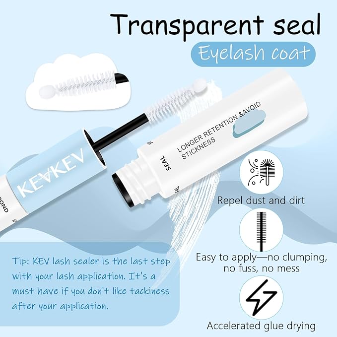KevKev Lash Bond and Seal Waterproof Bond and Seal Lash Glue for Lash Clusters Mascara Wand Cluster Lash Glue Eyelash Bond and Seal Strong Hold for 72 Hours Avoid Stickiness (5ml+5ml)