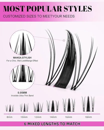 Fairy Lash Clusters Kit Wispy Fluffy 8-18mm Manga Anime Eyelashes Cluster Extension Kit C Curl Individual DIY Fake Lashes Extension Kit with Lash Bond and Seal Waterproof False Eyelashes Clusters Kit