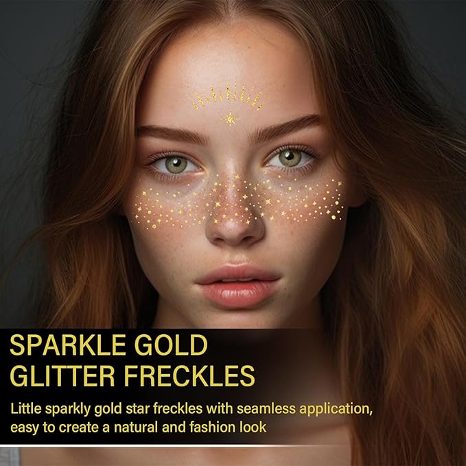 50 Pcs Makeup Patches,Gold-Face Glitter Speckles Patches,Glitter Freckles Face Tattoo, Sparkle Makeup Patches,Glow Up Makeup Patches,Waterproof Face Glitter Speckles Patches for Helloween (Gold)